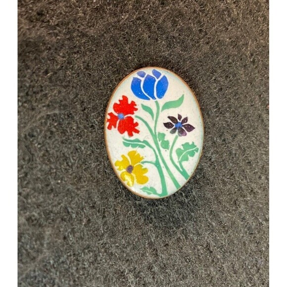 Antique Painted Porcelain on Copper Floral Tulip Design Brooch Lapel Pin READ - Picture 1 of 8